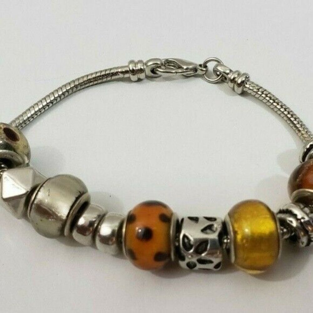 Orange Charm Bracelet Floral Silver Bracelet Beaded Bracelet 3" L hooked